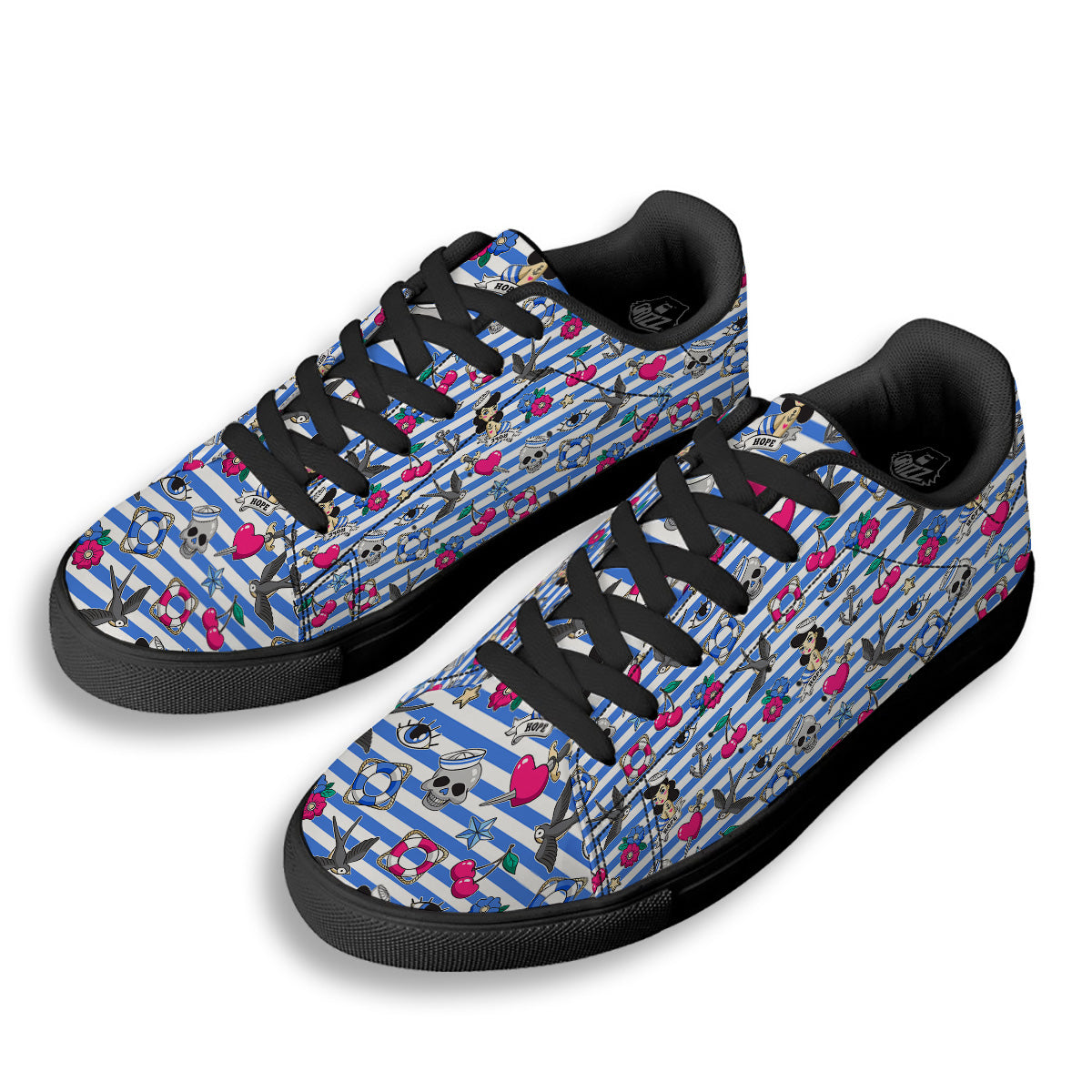 Old School Sailor Striped Print Pattern Black Low Top Sneakers-grizzshop