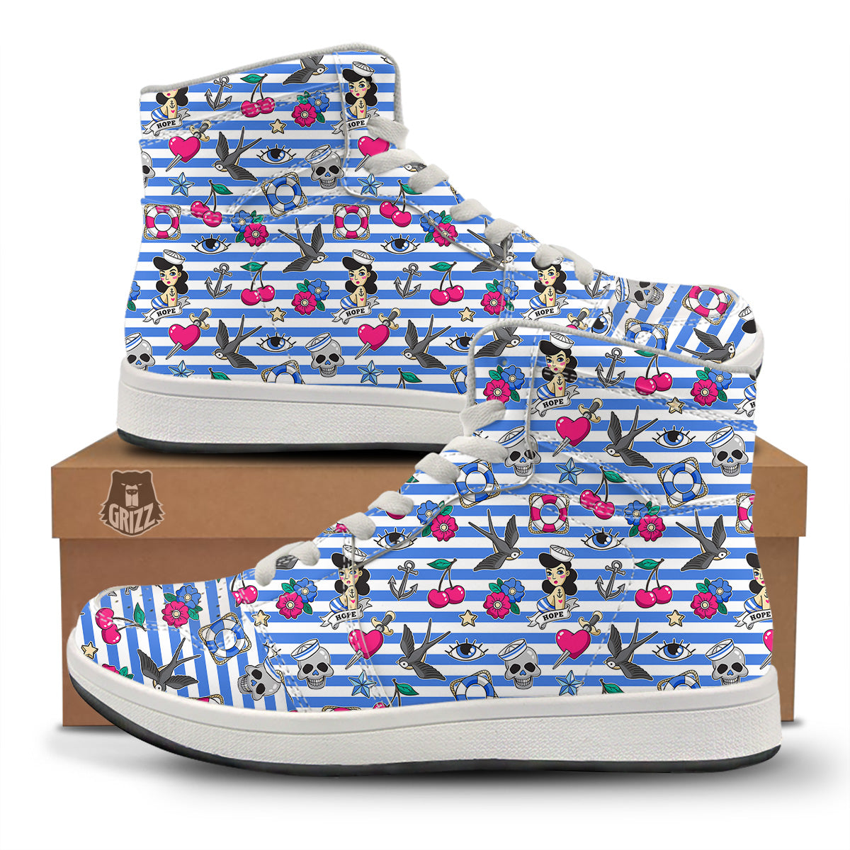 Old School Sailor Striped Print Pattern High Top Sneakers-grizzshop