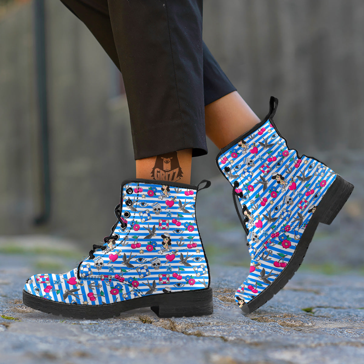 Old School Sailor Striped Print Pattern Leather Boots-grizzshop