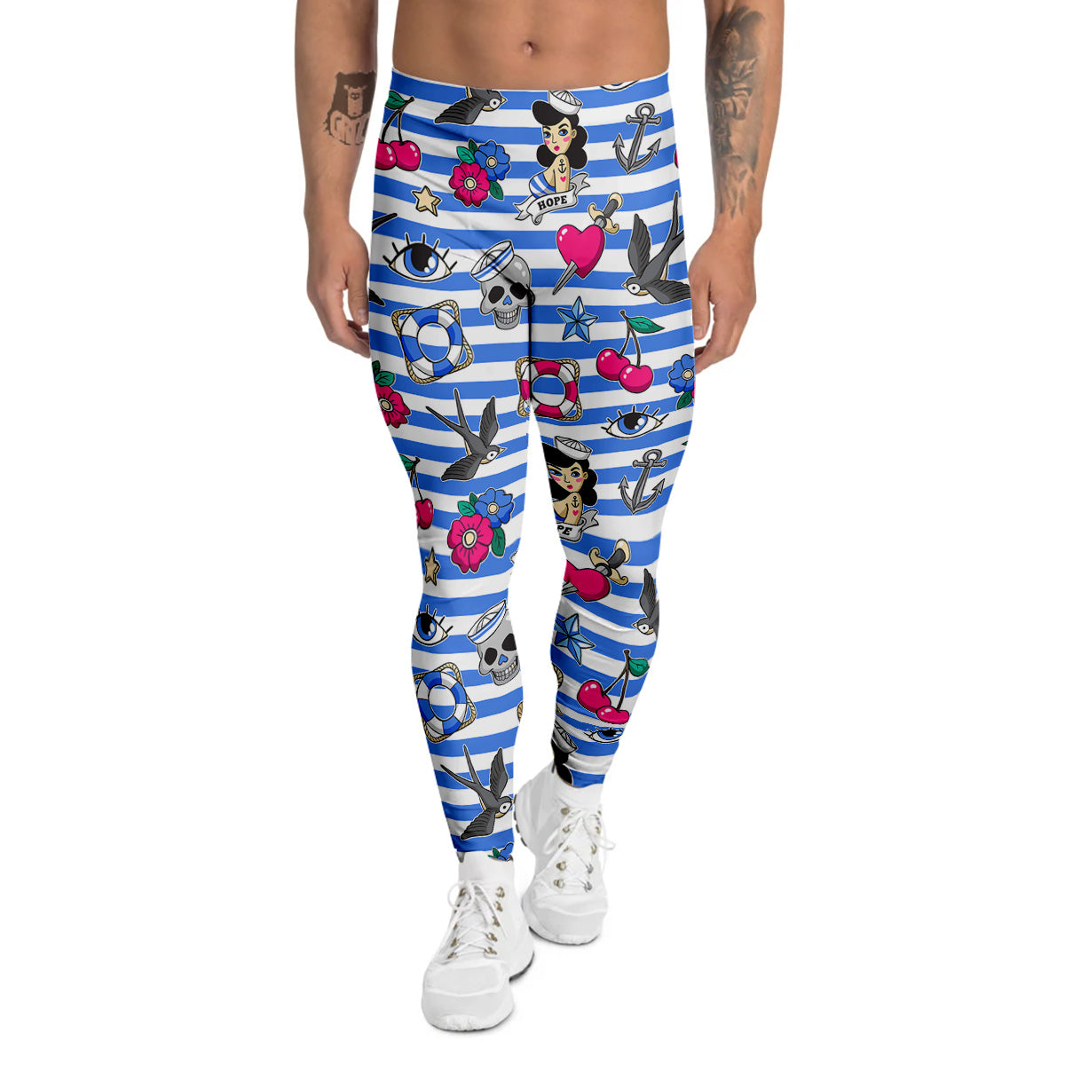 Old School Sailor Striped Print Pattern Men's Leggings-grizzshop