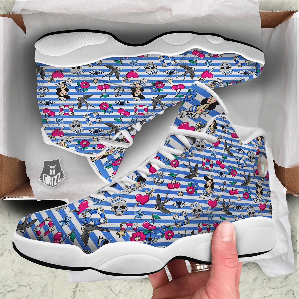 Old School Sailor Striped Print Pattern White Basketball Shoes-grizzshop