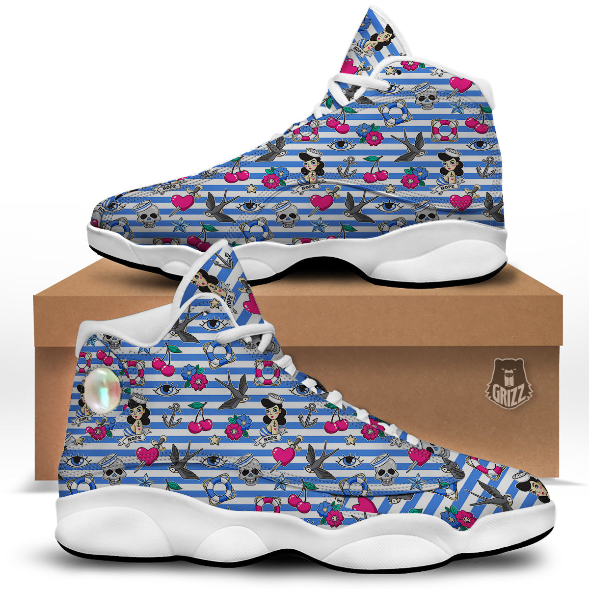 Old School Sailor Striped Print Pattern White Basketball Shoes-grizzshop