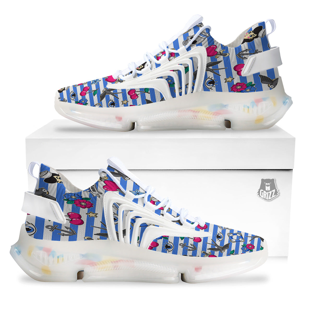 Old School Sailor Striped Print Pattern White Gym Shoes-grizzshop
