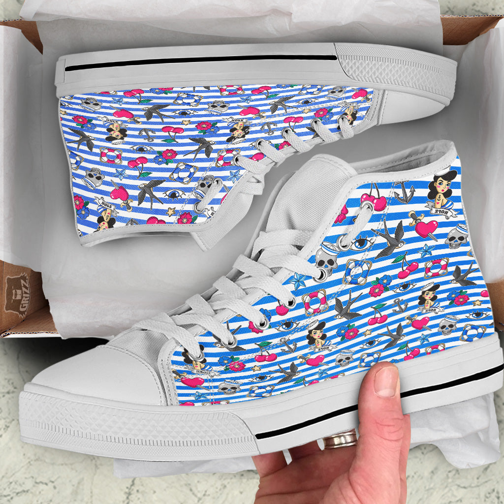 Old School Sailor Striped Print Pattern White High Top Shoes-grizzshop