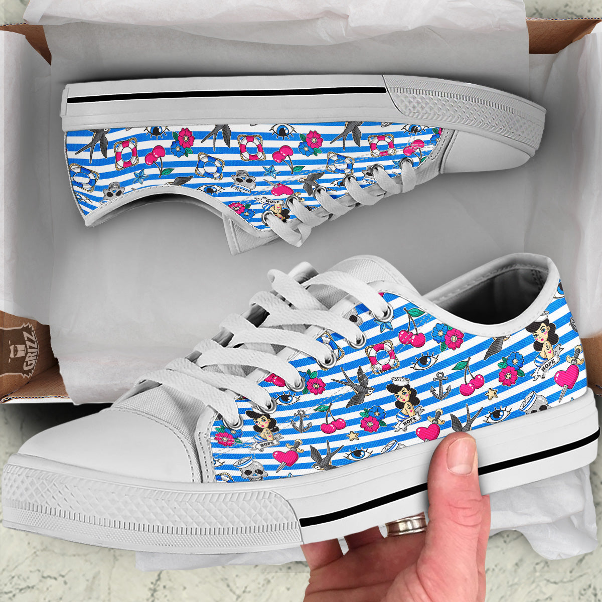 Old School Sailor Striped Print Pattern White Low Top Shoes-grizzshop