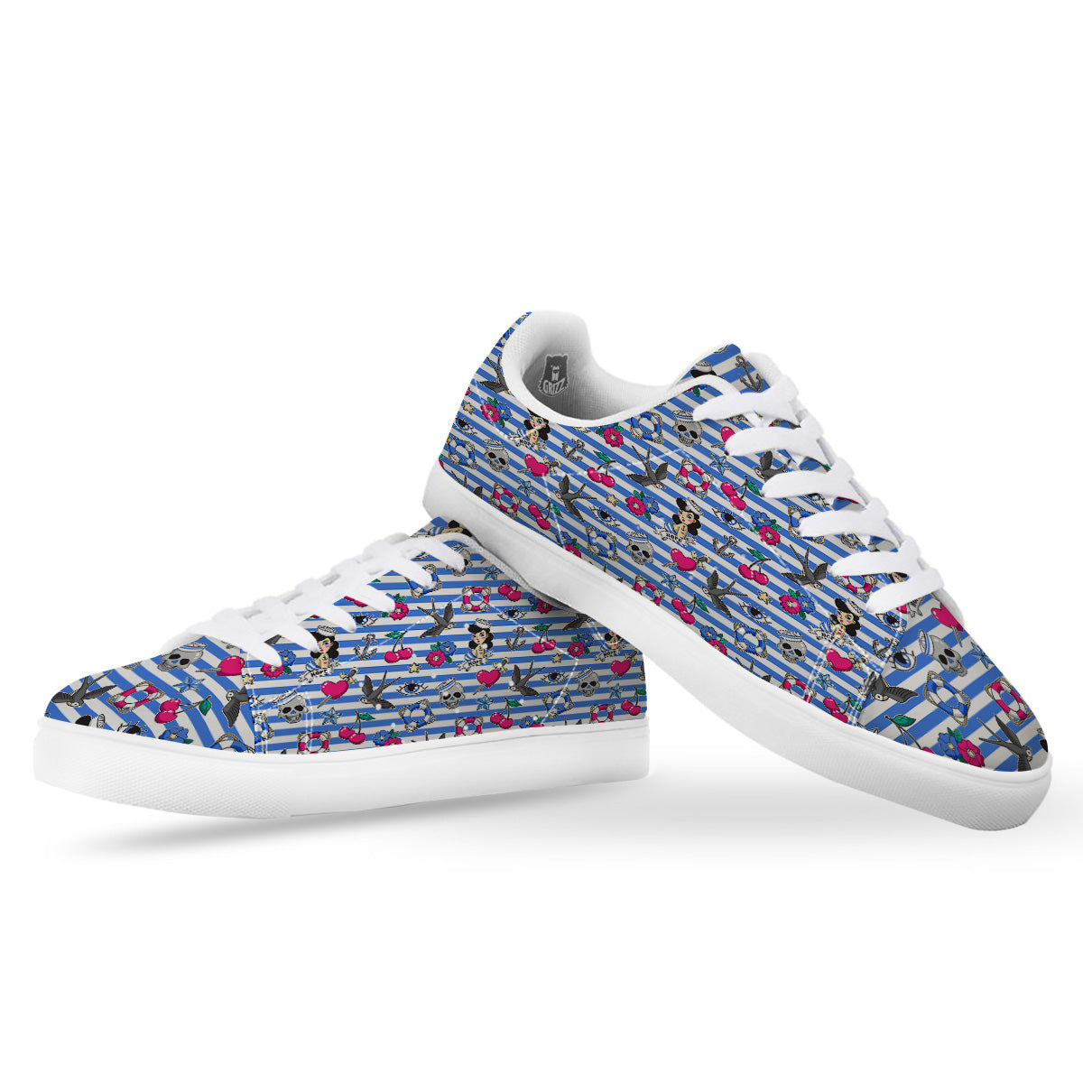 Old School Sailor Striped Print Pattern White Low Top Sneakers-grizzshop
