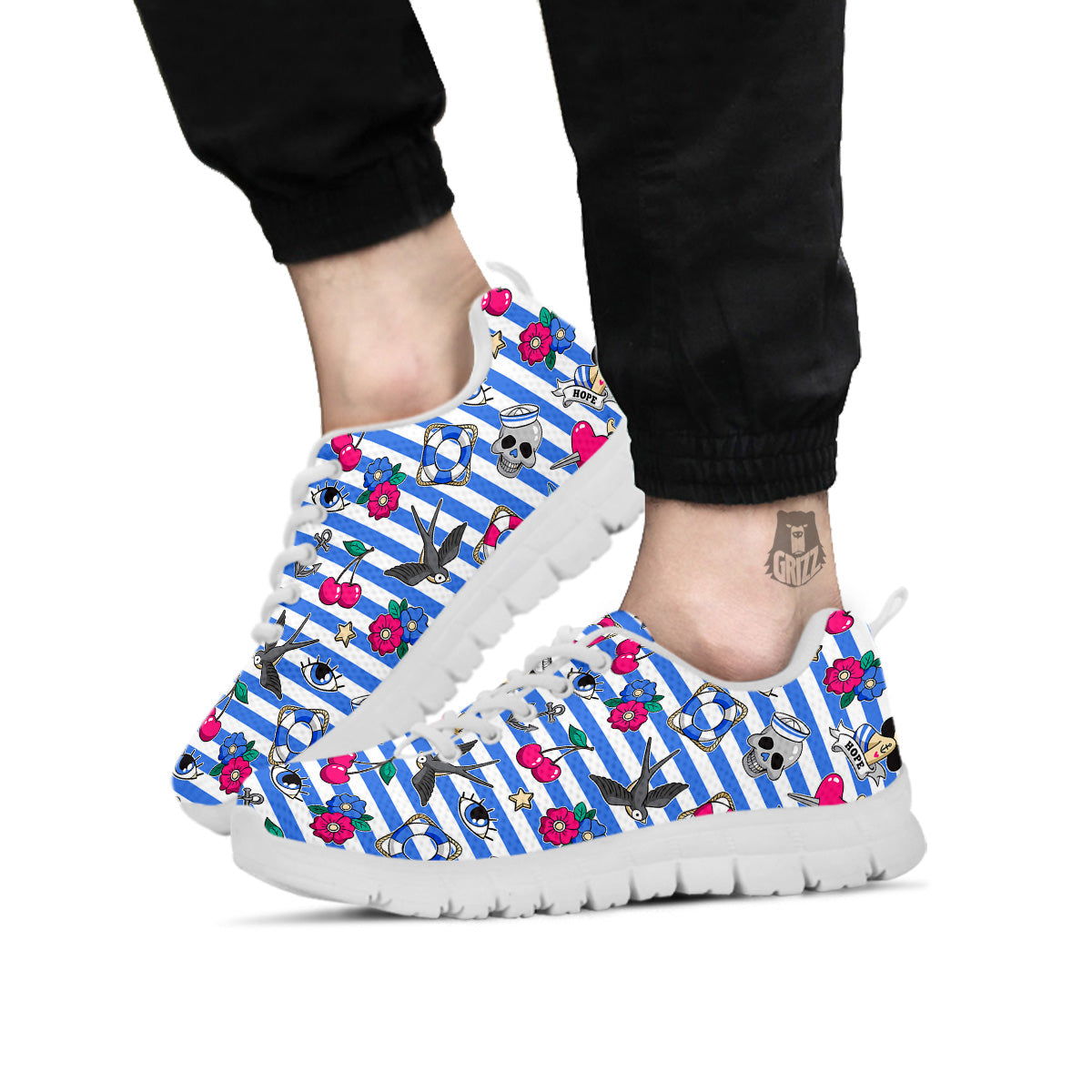 Old School Sailor Striped Print Pattern White Sneaker-grizzshop