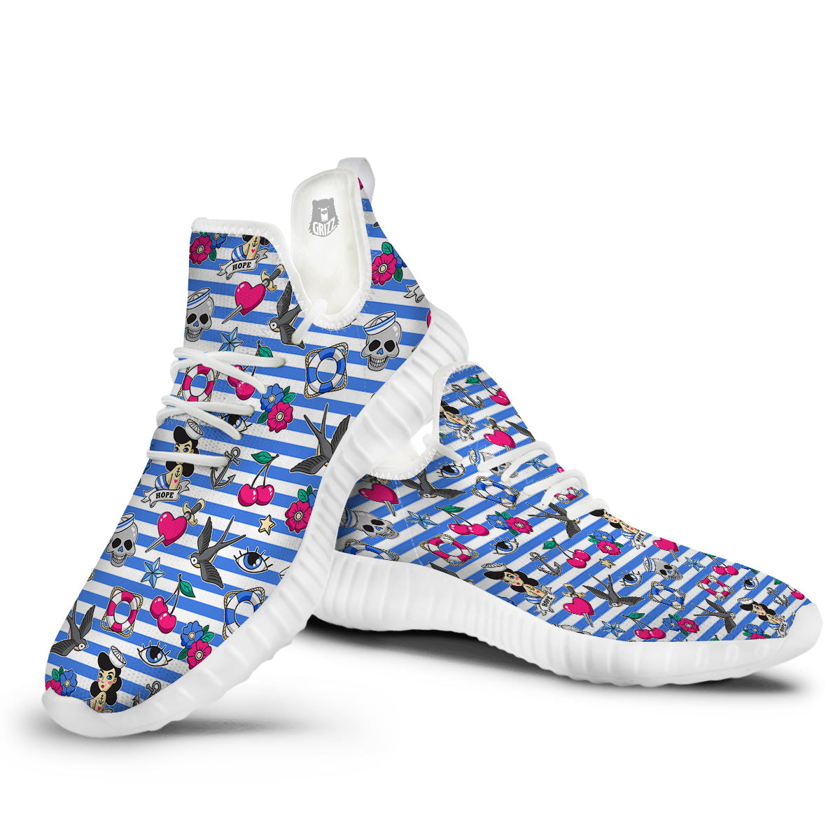 Old School Sailor Striped Print Pattern White Walking Shoes-grizzshop