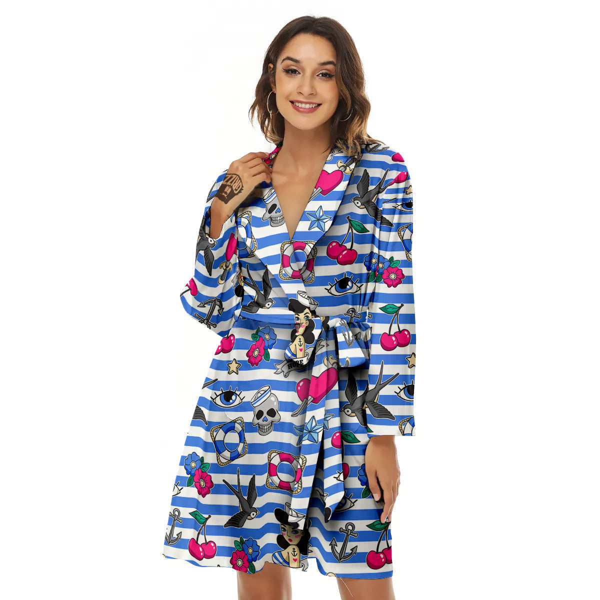 Old School Sailor Striped Print Pattern Women's Robe-grizzshop