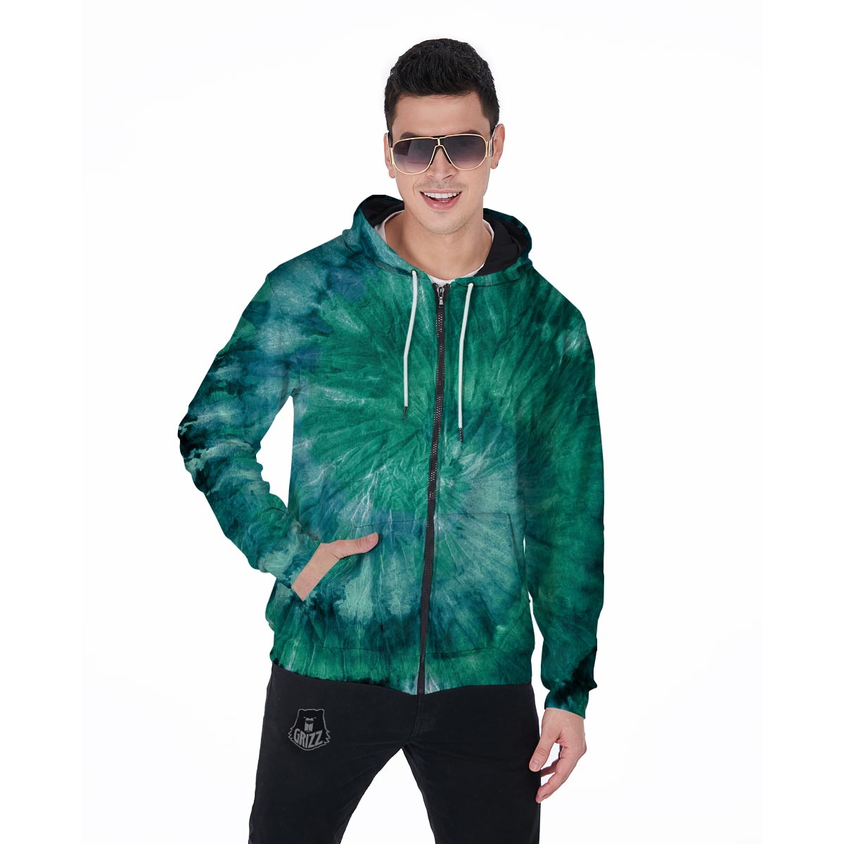 Olive Green Tie Dye Men's Zip Up Hoodie-grizzshop