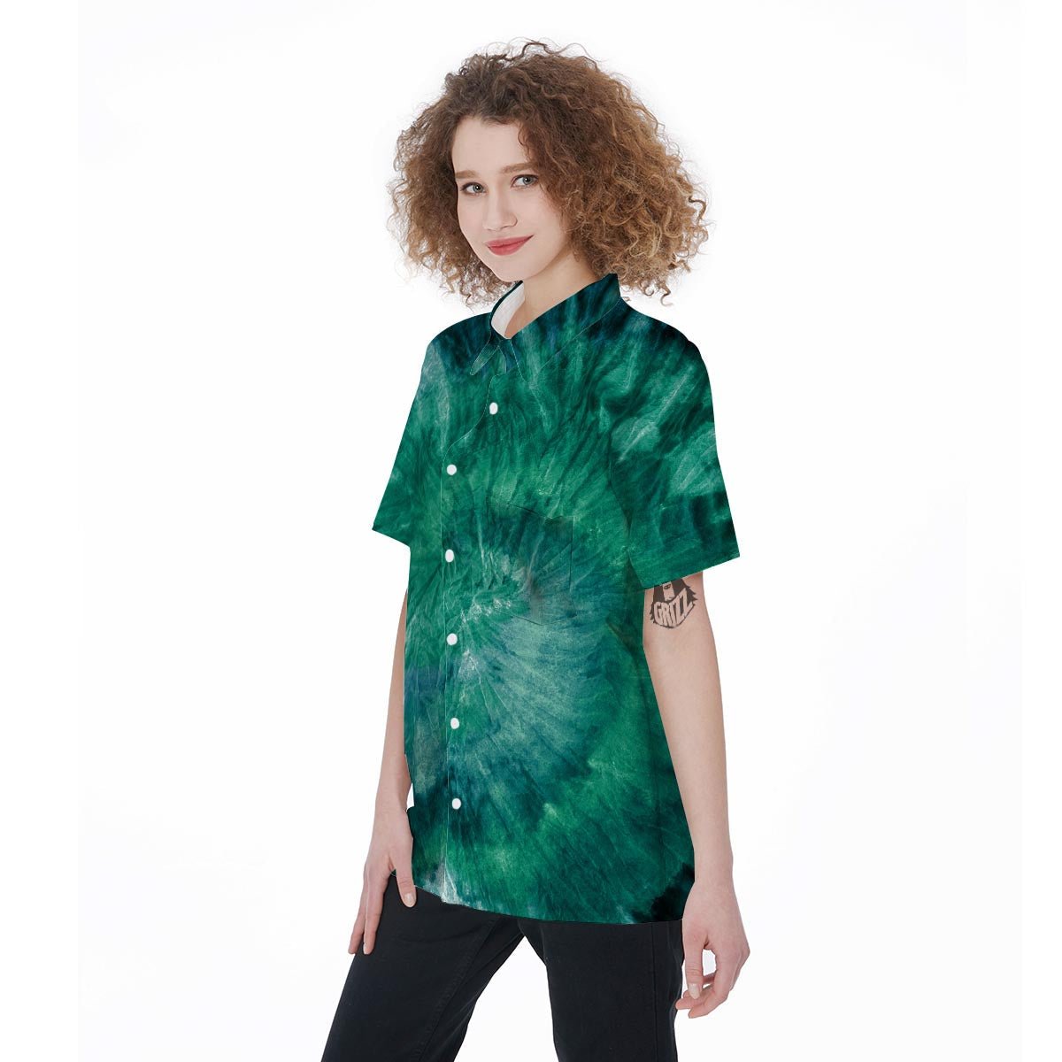 Olive Green Tie Dye Women's Short Sleeve Shirts-grizzshop
