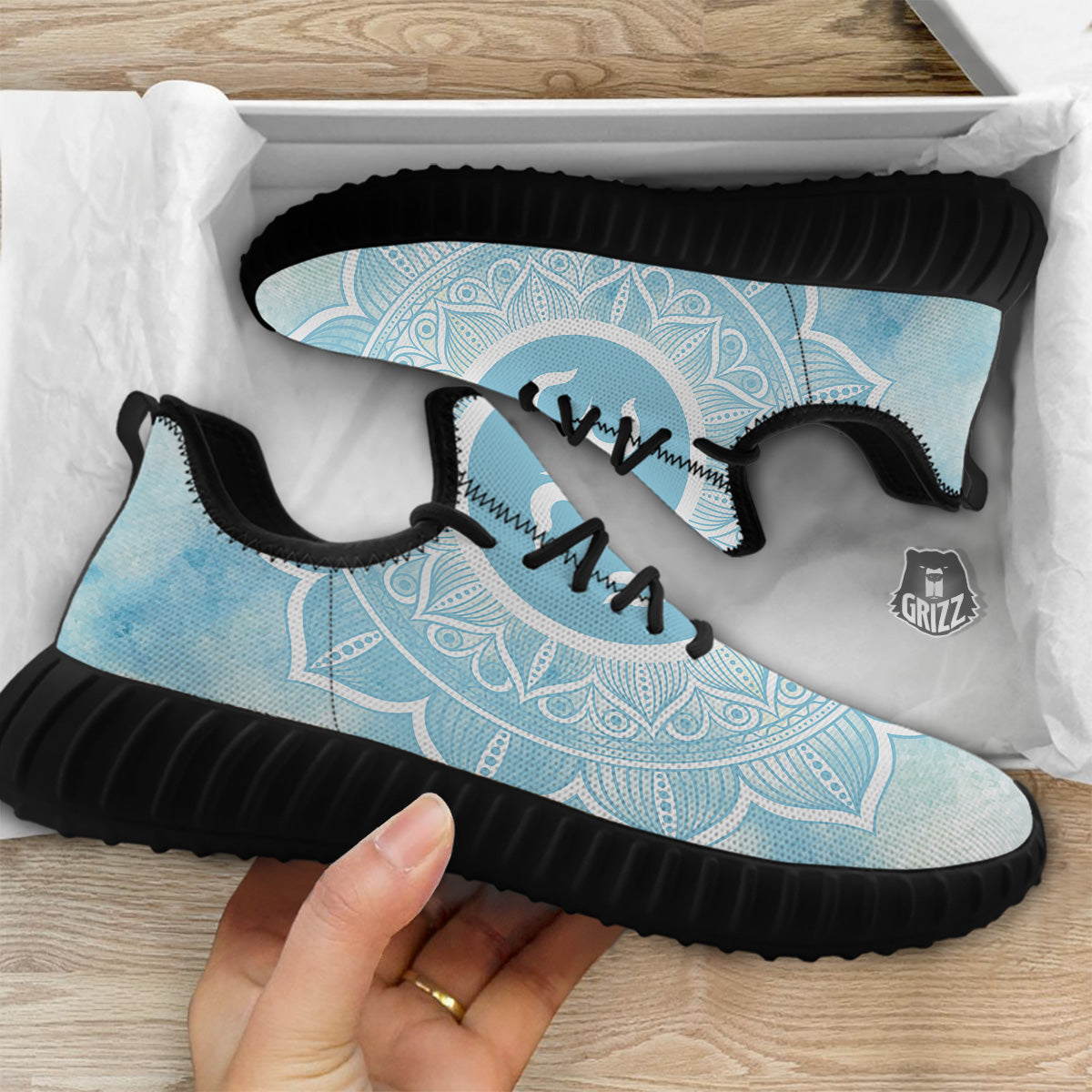 Om Mandala Blue Print Black Walking Shoes-grizzshop