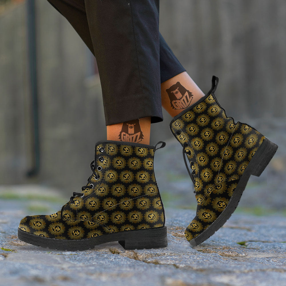 Om Sign Boho Print Pattern Leather Boots-grizzshop