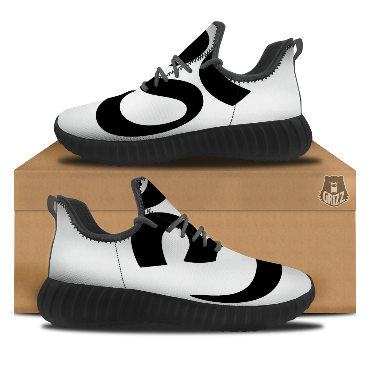 Om White And Black Print Black Walking Shoes-grizzshop