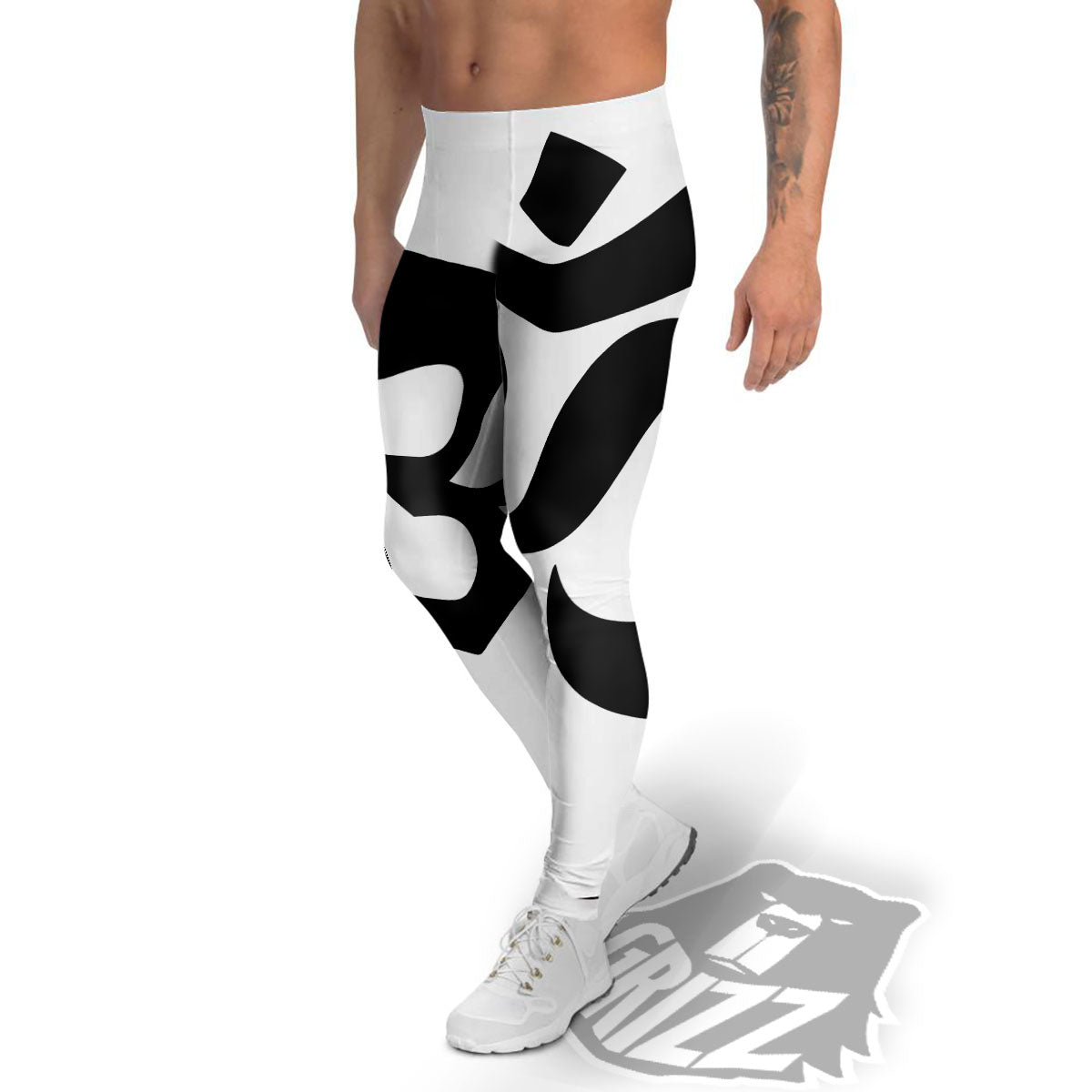 Om White And Black Print Men's Leggings-grizzshop