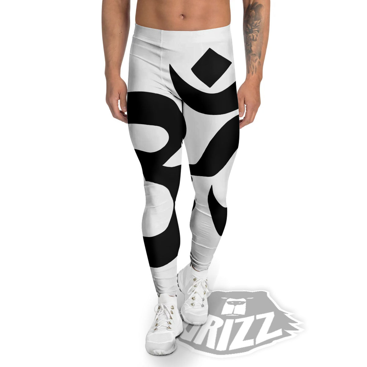 Om White And Black Print Men's Leggings-grizzshop