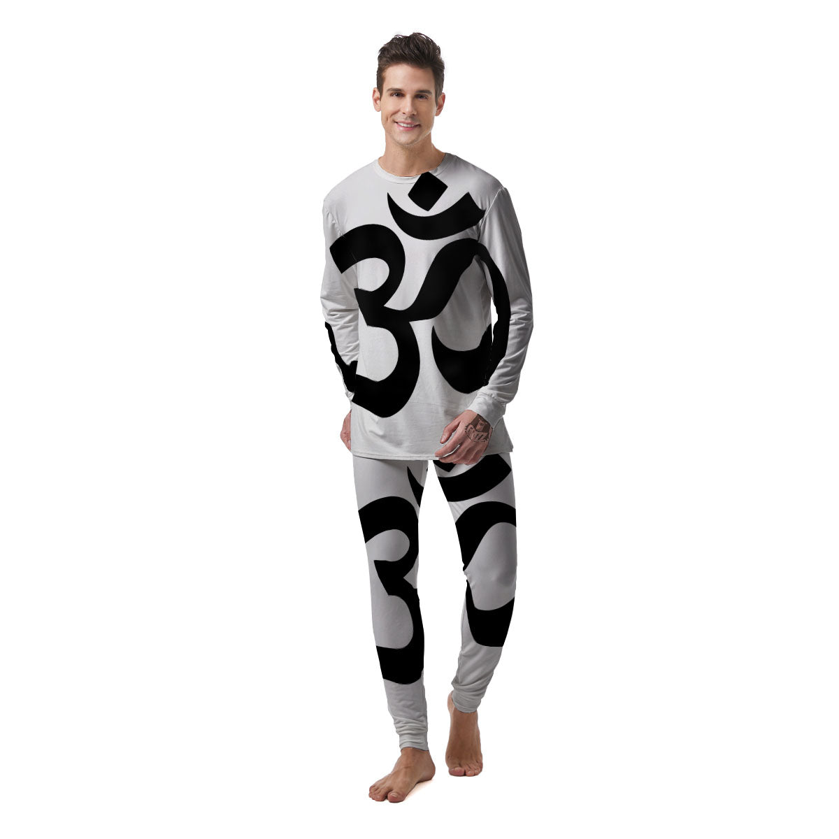 Om White And Black Print Men's Pajamas-grizzshop