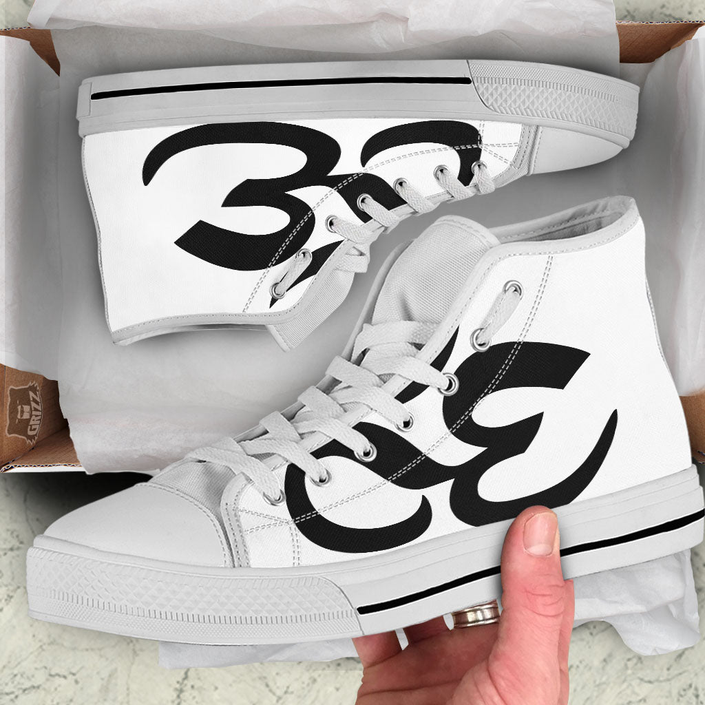 Om White And Black Print White High Top Shoes-grizzshop