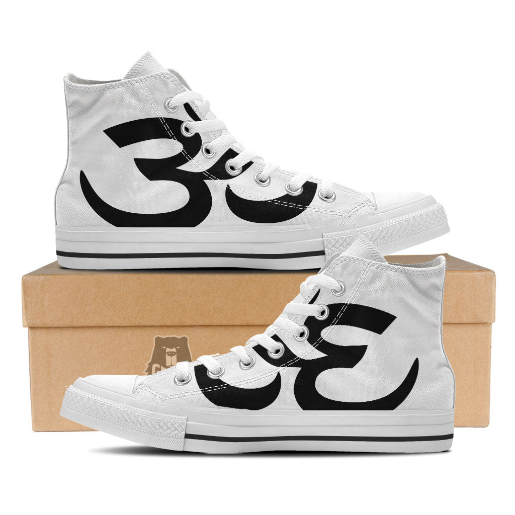 Om White And Black Print White High Top Shoes-grizzshop