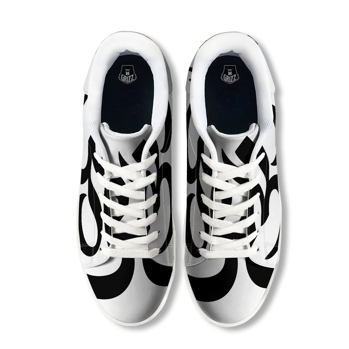 Om White And Black Print White Low Top Sneakers-grizzshop