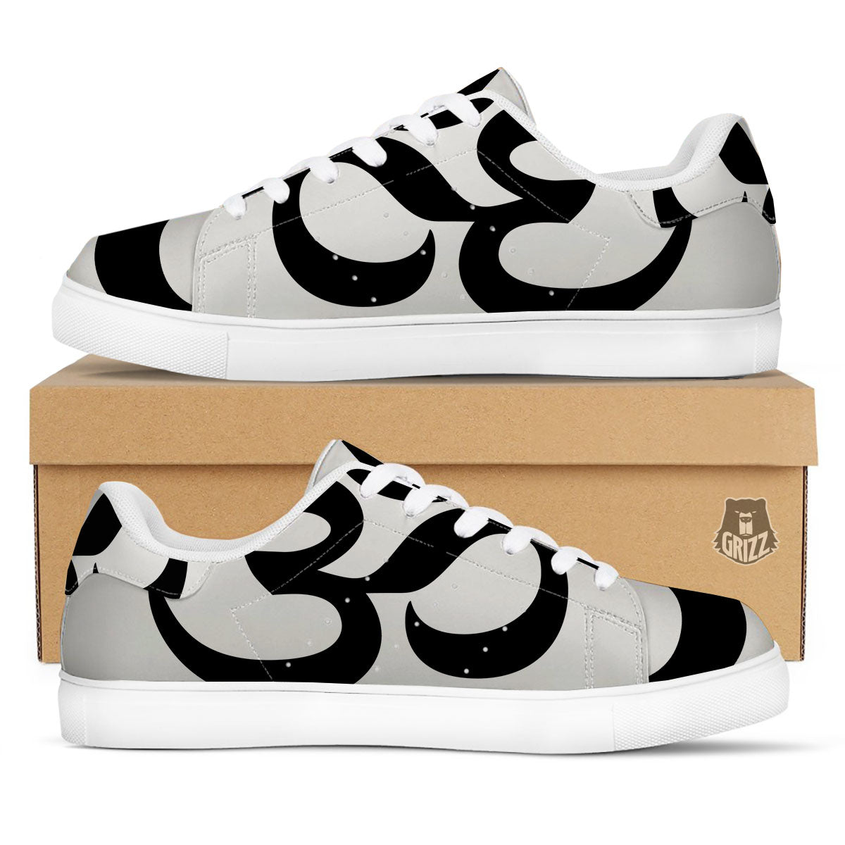 Om White And Black Print White Low Top Sneakers-grizzshop