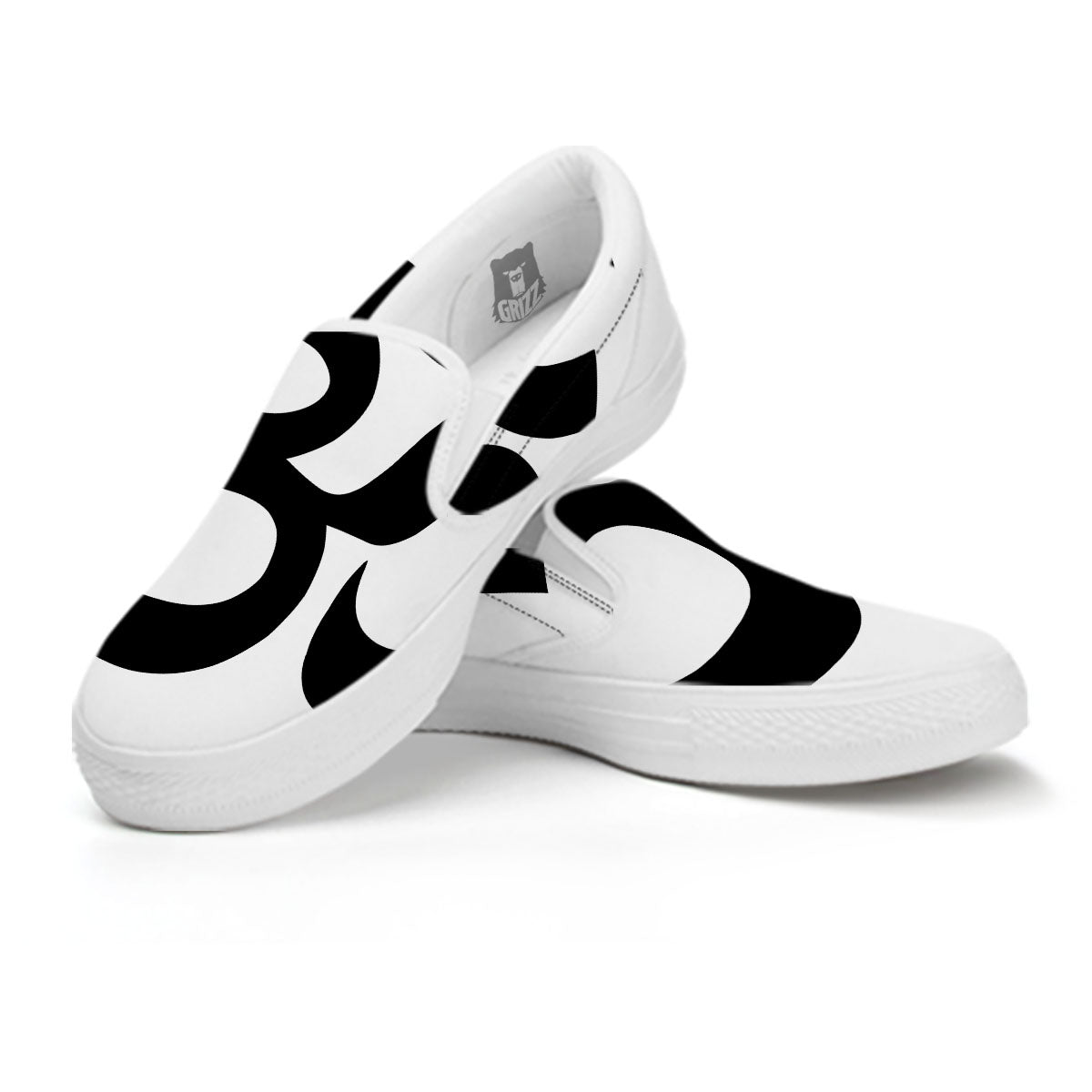 Om White And Black Print White Slip On Shoes-grizzshop