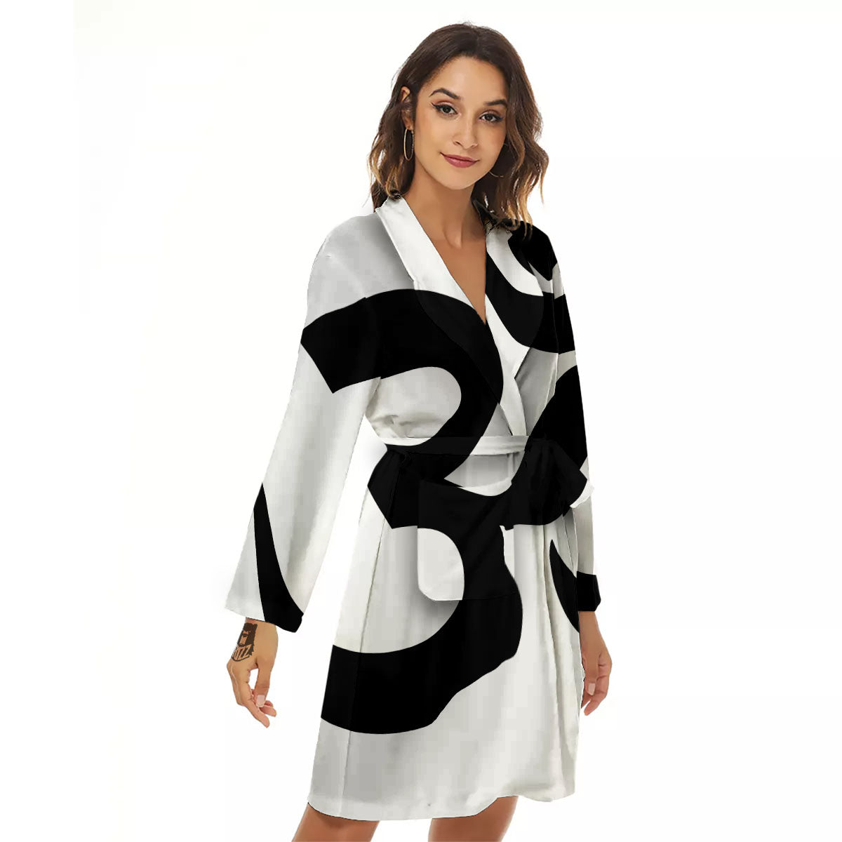 Om White And Black Print Women's Robe-grizzshop