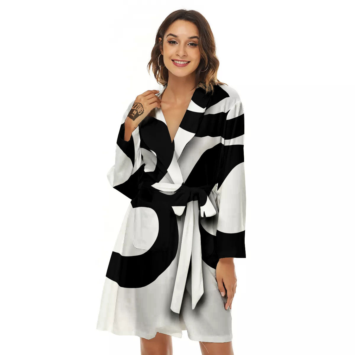 Om White And Black Print Women's Robe-grizzshop