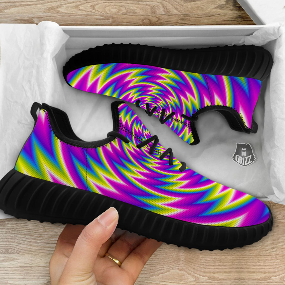 Optical Illusion Moving Dizzy Spiral Black Walking Shoes-grizzshop