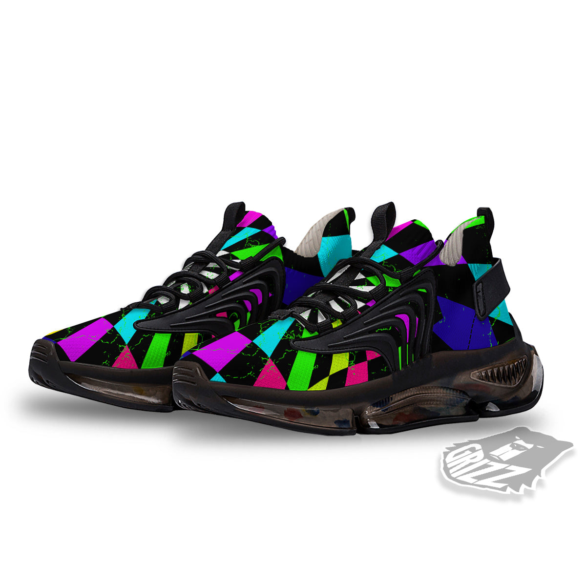 Optical Illusion Neon Abstract Print Black Gym Shoes-grizzshop