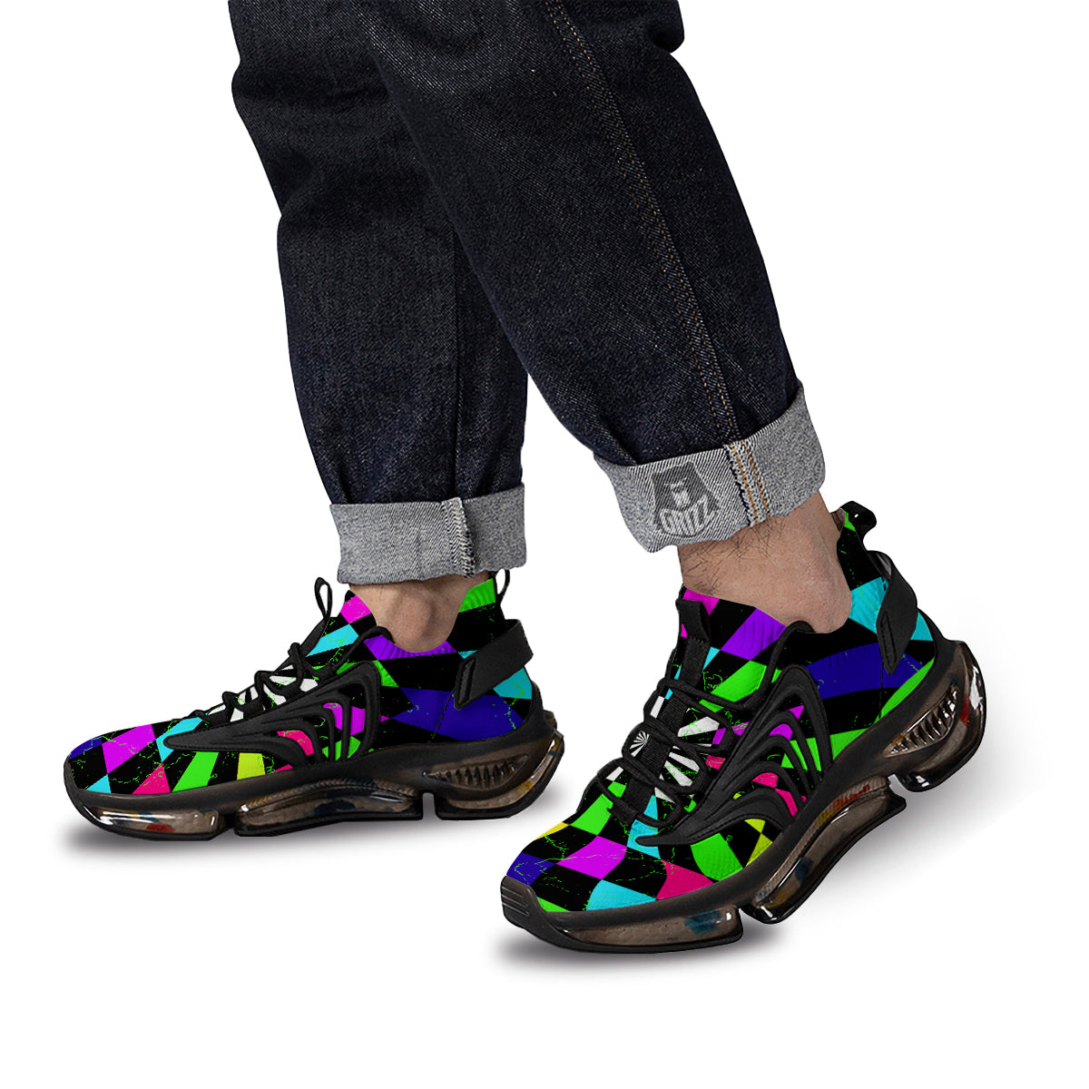 Optical Illusion Neon Abstract Print Black Gym Shoes-grizzshop