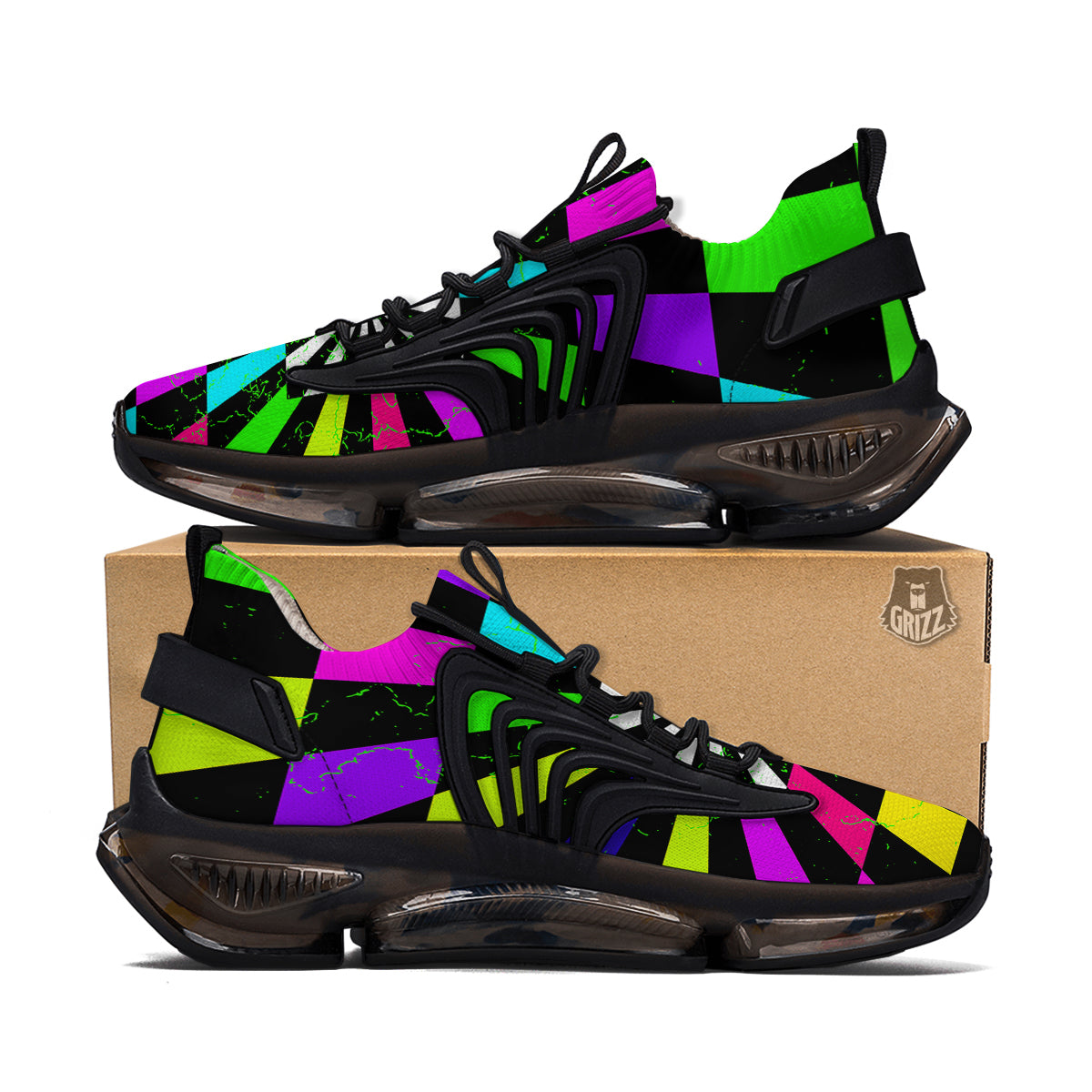 Optical Illusion Neon Abstract Print Black Gym Shoes-grizzshop