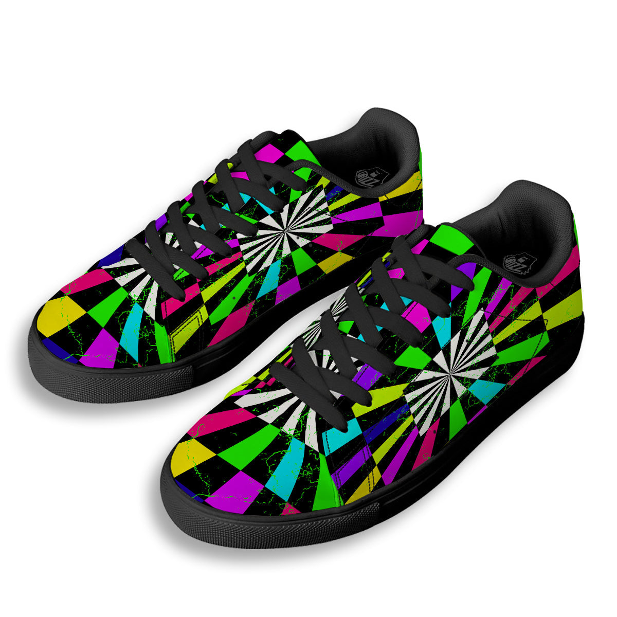 Optical Illusion Neon Abstract Print Black Low Top Sneakers-grizzshop
