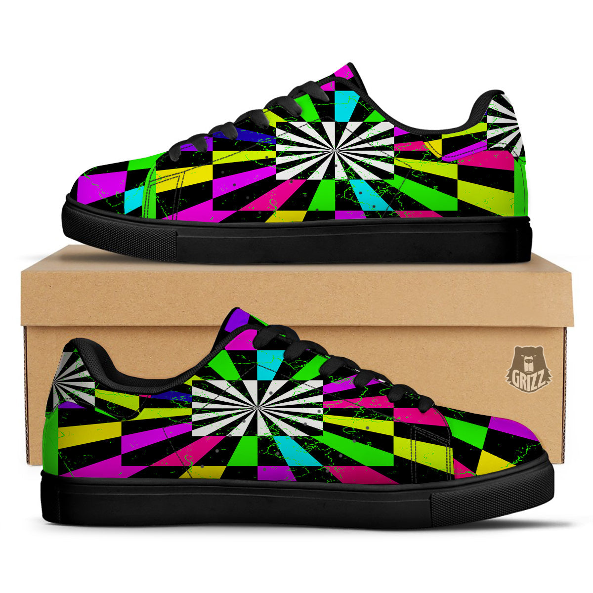 Optical Illusion Neon Abstract Print Black Low Top Sneakers-grizzshop