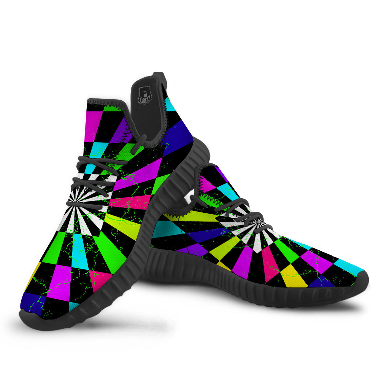 Optical Illusion Neon Abstract Print Black Walking Shoes-grizzshop