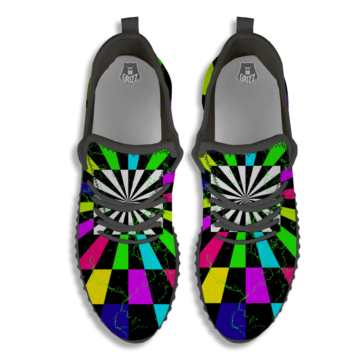 Optical Illusion Neon Abstract Print Black Walking Shoes-grizzshop
