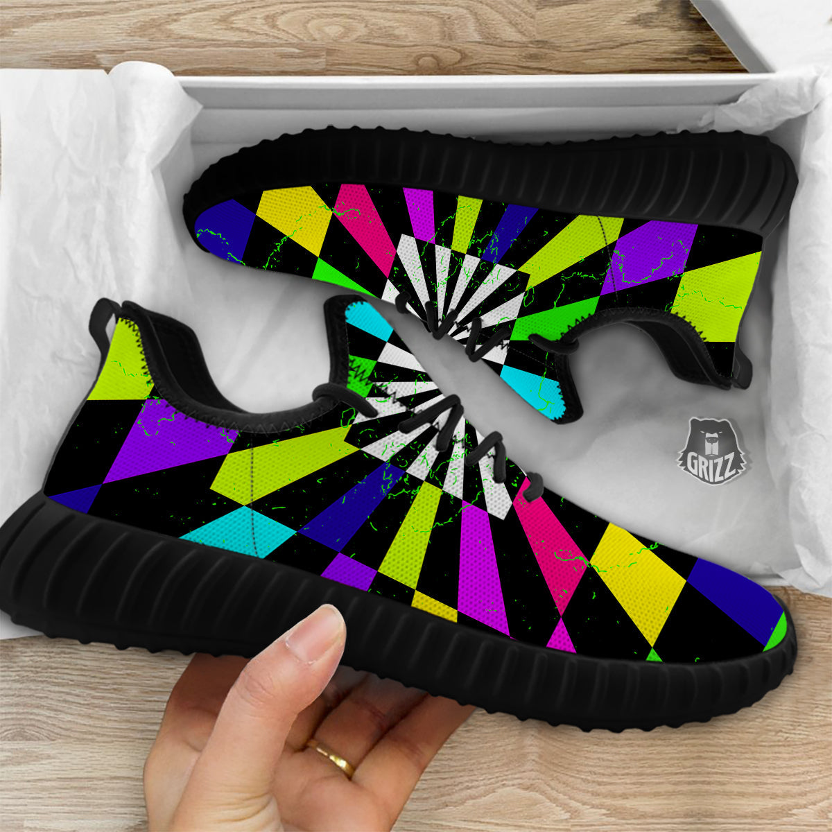 Optical Illusion Neon Abstract Print Black Walking Shoes-grizzshop