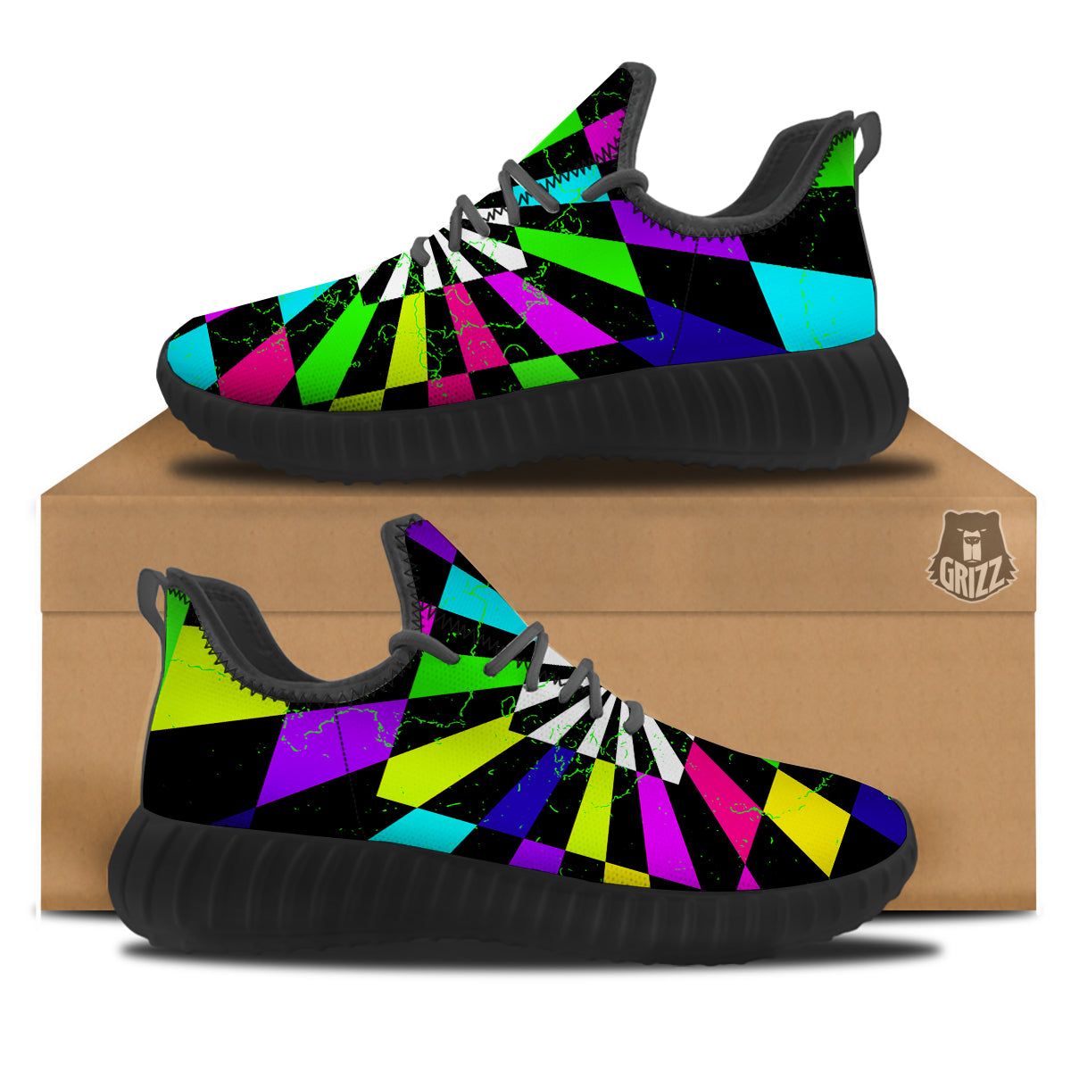 Optical Illusion Neon Abstract Print Black Walking Shoes-grizzshop