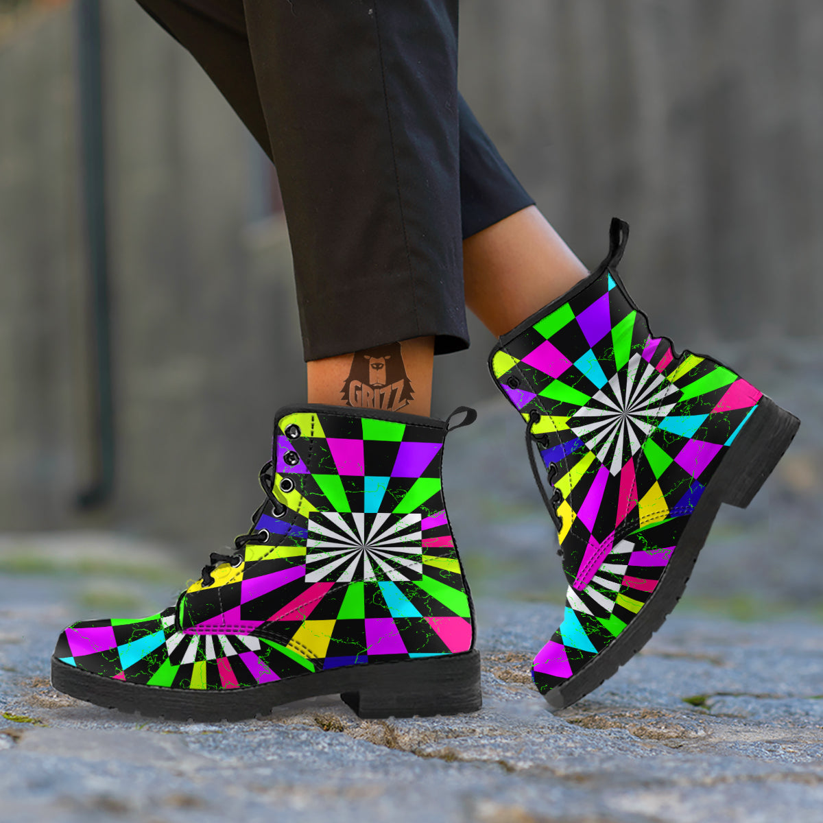 Optical Illusion Neon Abstract Print Leather Boots-grizzshop