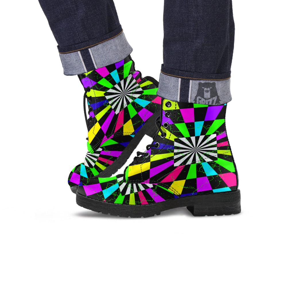 Optical Illusion Neon Abstract Print Leather Boots-grizzshop