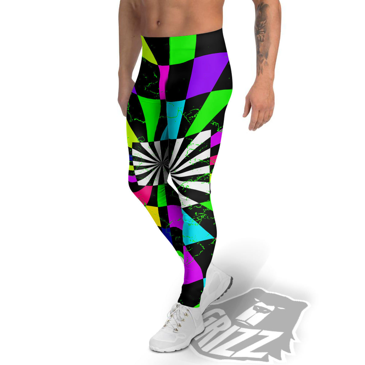 Optical Illusion Neon Abstract Print Men's Leggings-grizzshop