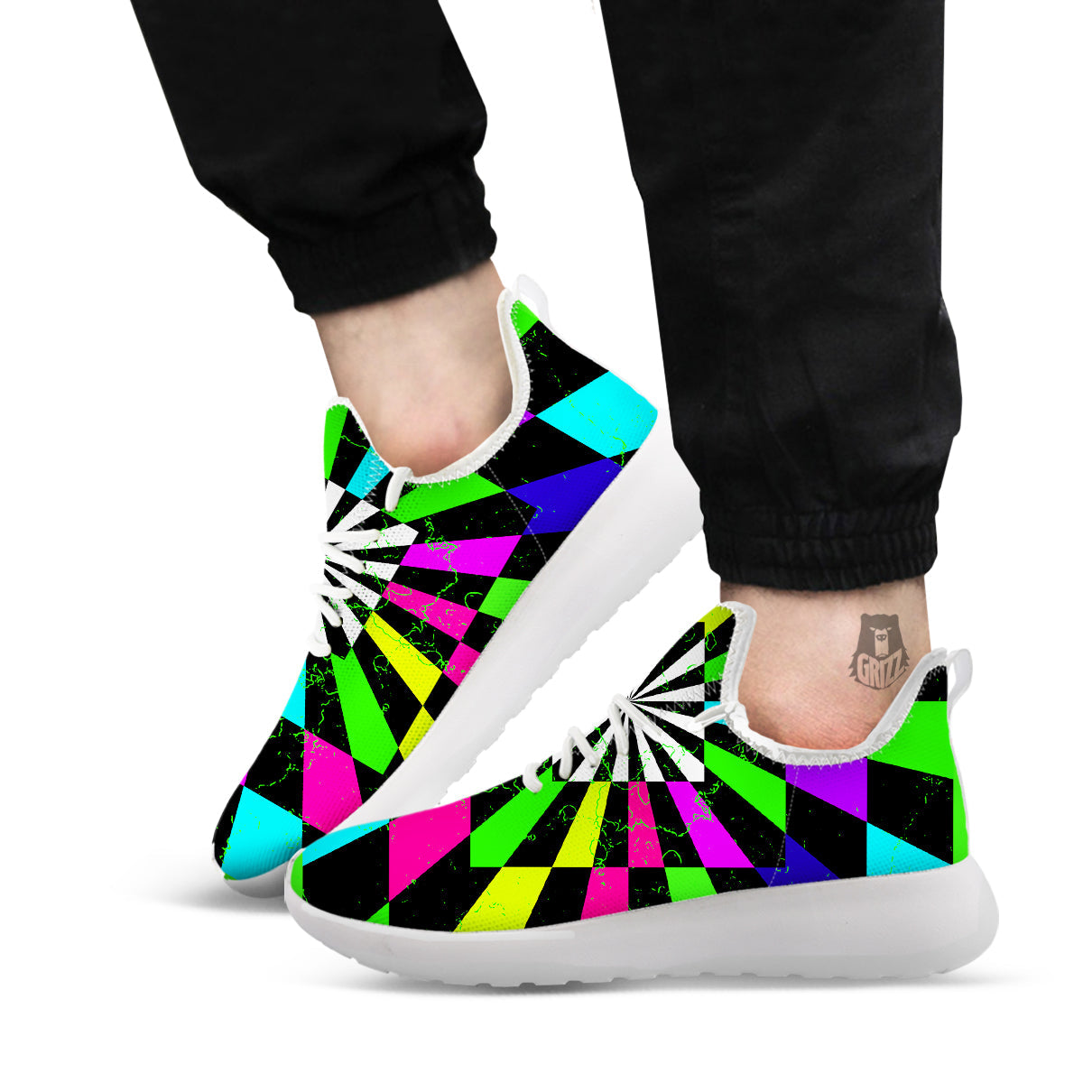 Optical Illusion Neon Abstract Print White Athletic Shoes-grizzshop