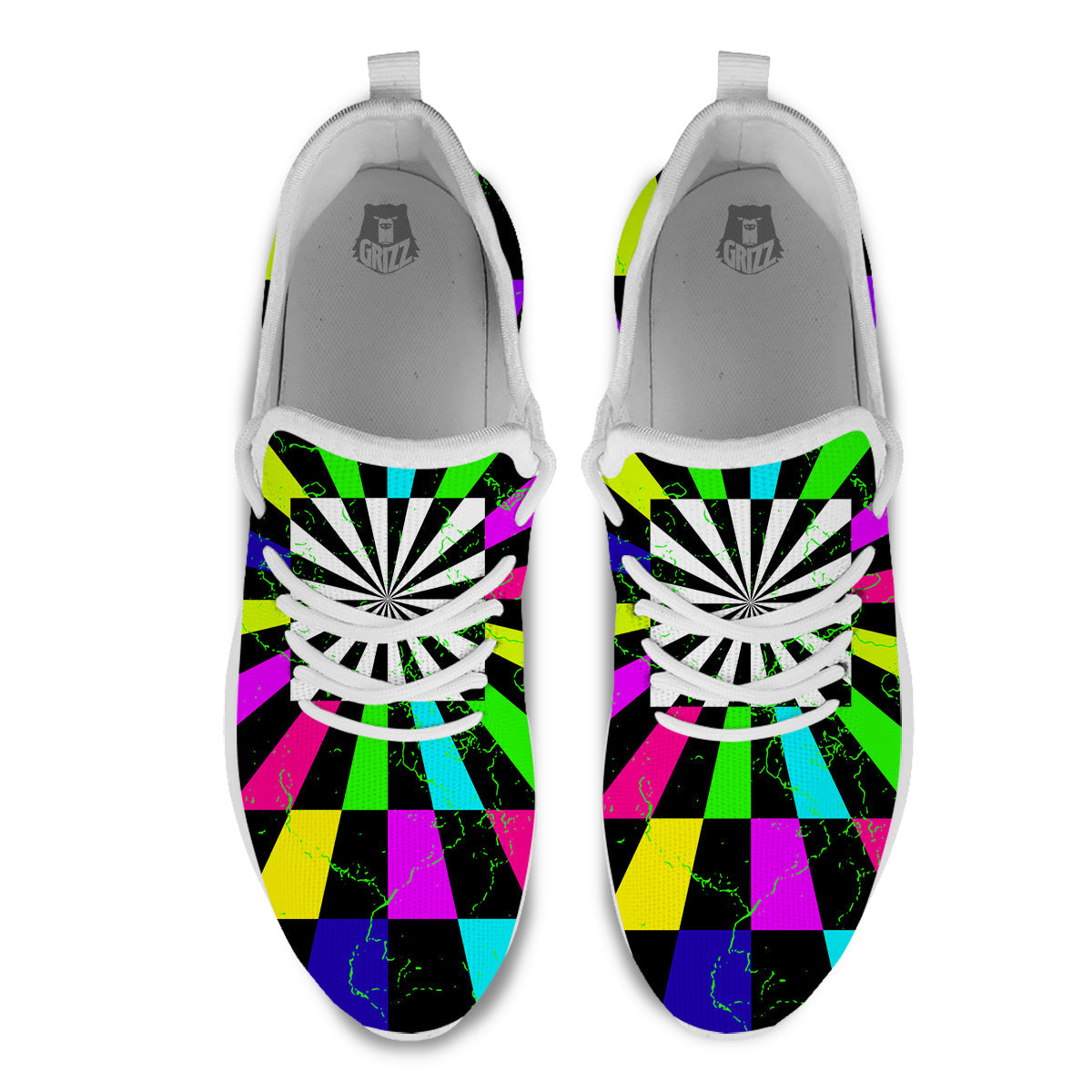 Optical Illusion Neon Abstract Print White Athletic Shoes-grizzshop