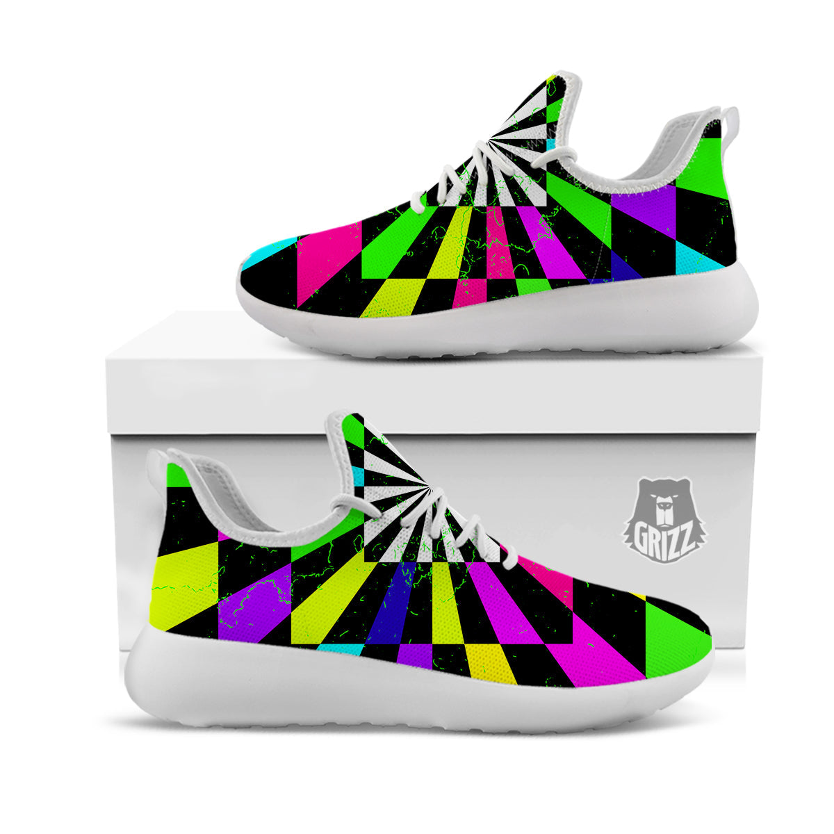 Optical Illusion Neon Abstract Print White Athletic Shoes-grizzshop
