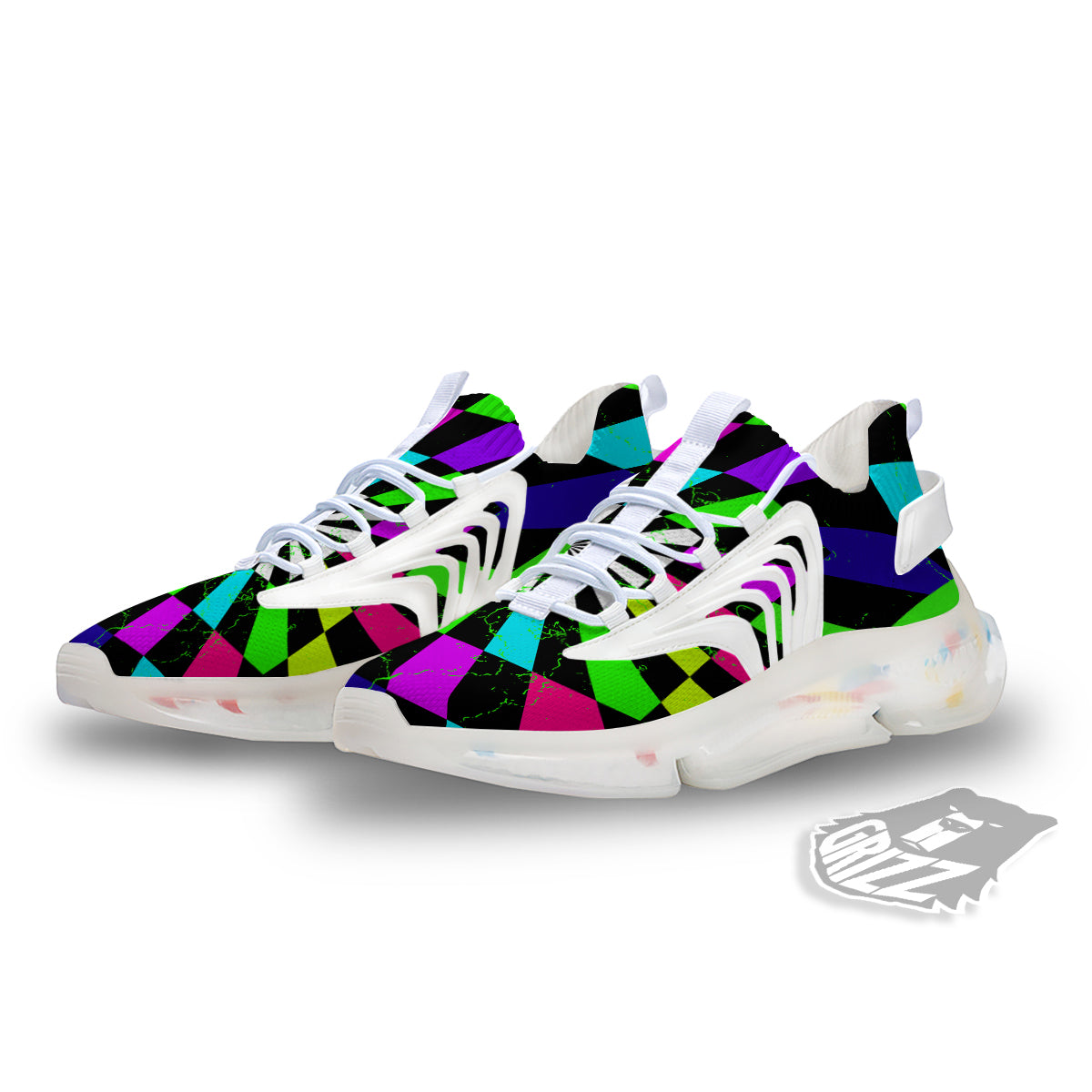 Optical Illusion Neon Abstract Print White Gym Shoes-grizzshop