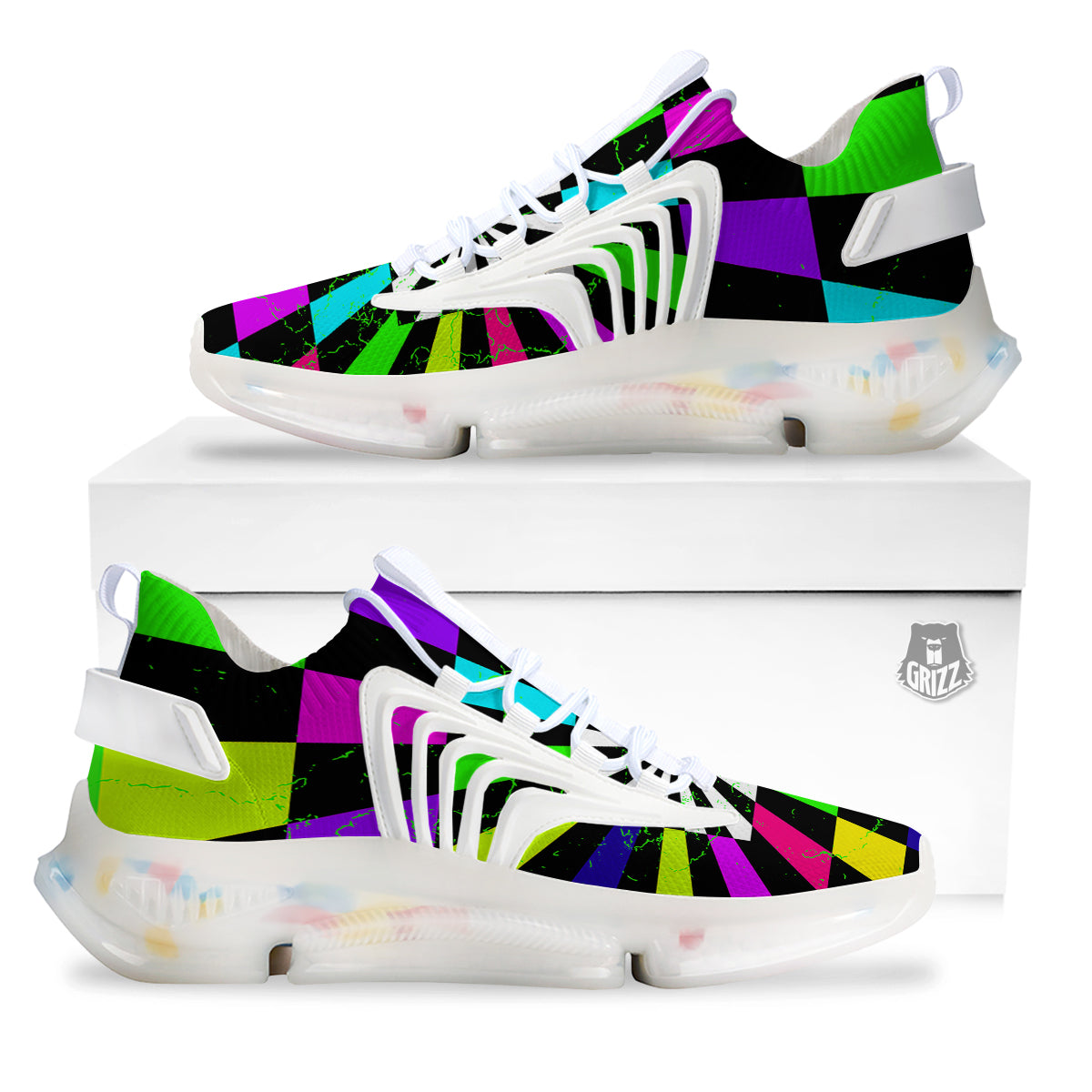 Optical Illusion Neon Abstract Print White Gym Shoes-grizzshop
