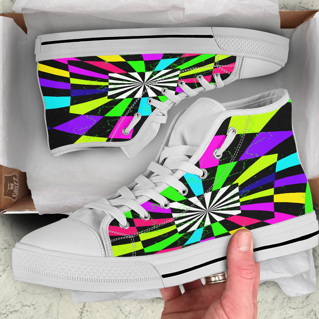 Optical Illusion Neon Abstract Print White High Top Shoes-grizzshop