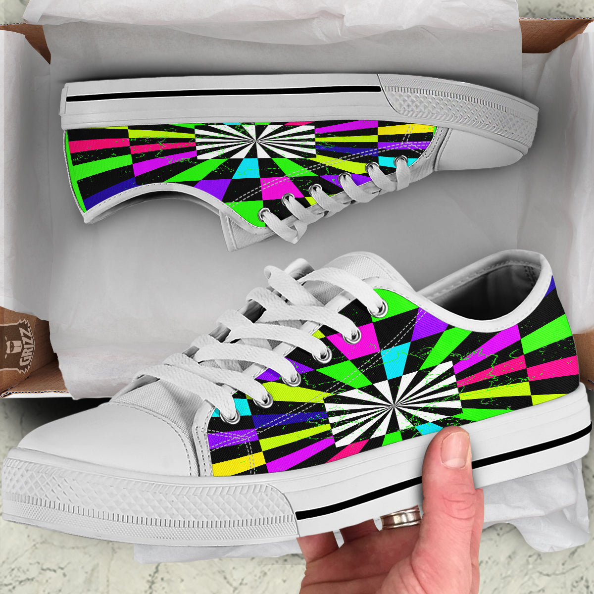 Optical Illusion Neon Abstract Print White Low Top Shoes-grizzshop