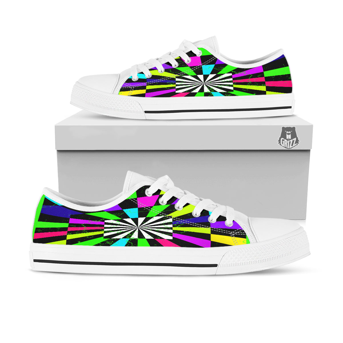 Optical Illusion Neon Abstract Print White Low Top Shoes-grizzshop
