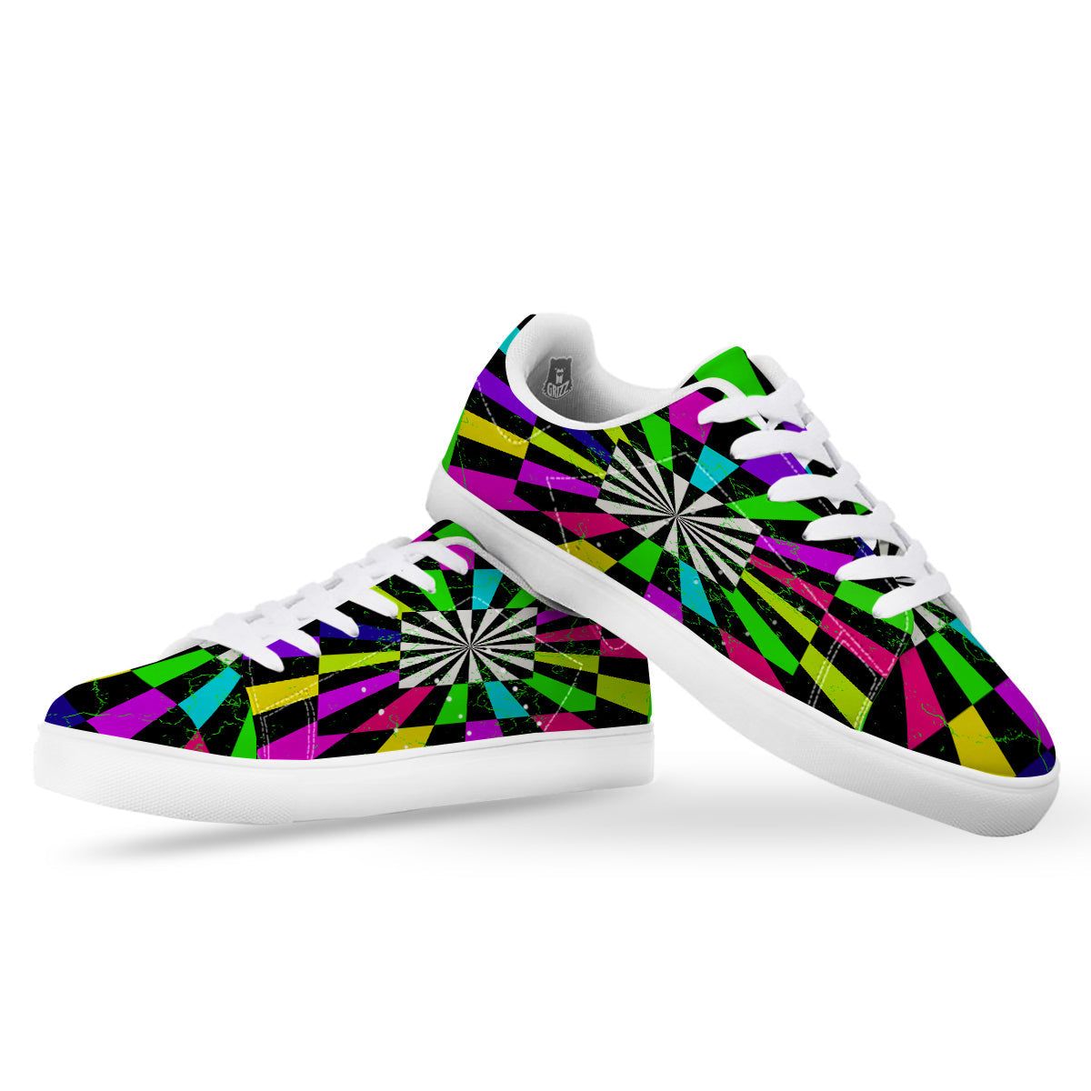 Optical Illusion Neon Abstract Print White Low Top Sneakers-grizzshop
